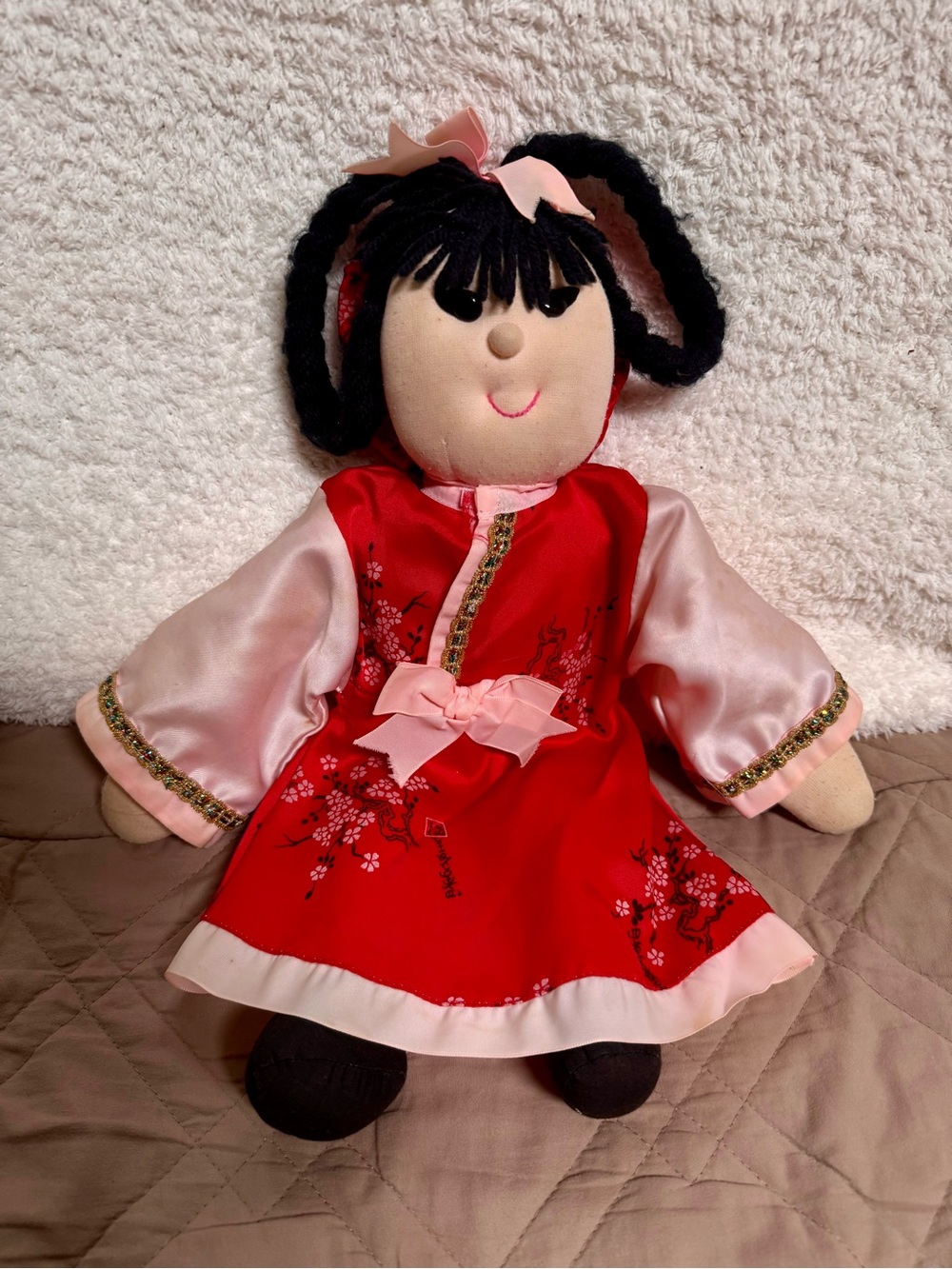 Authentic Original Vintage Style Red and Pink Plush Doll with Embroidered Dress